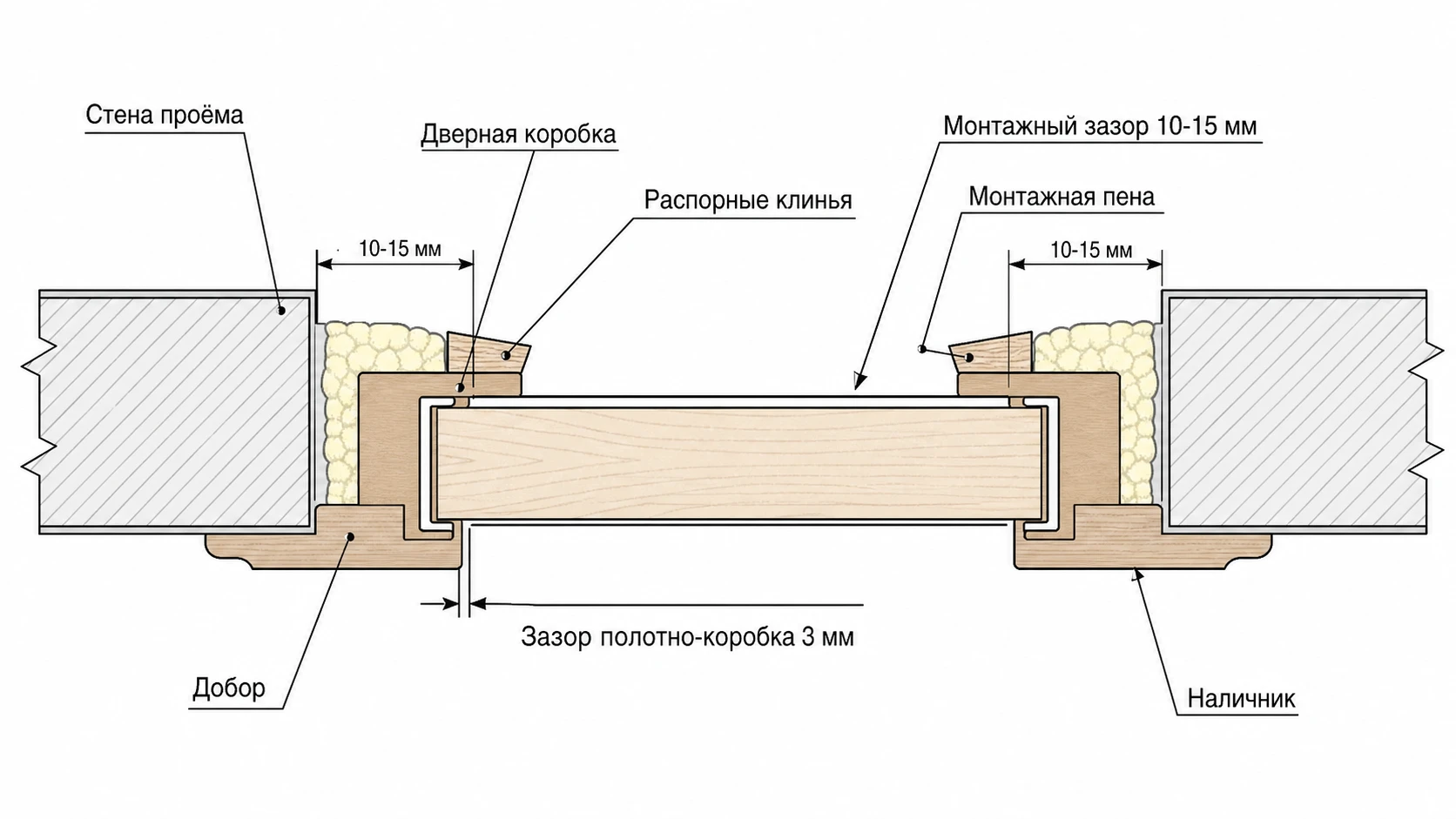 Узел монтажа межкомнатной двери: коробка, клинья, зазоры, добор и наличник
