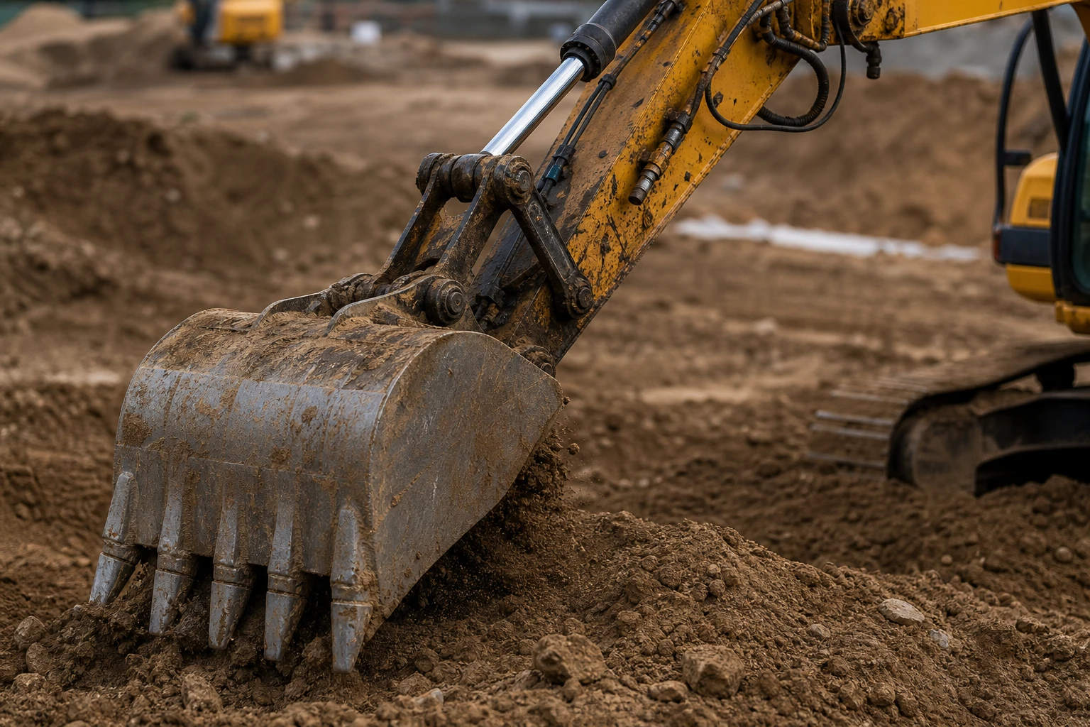Экскаватор-погрузчик JCB на работе на земельном участке в Подмосковье
